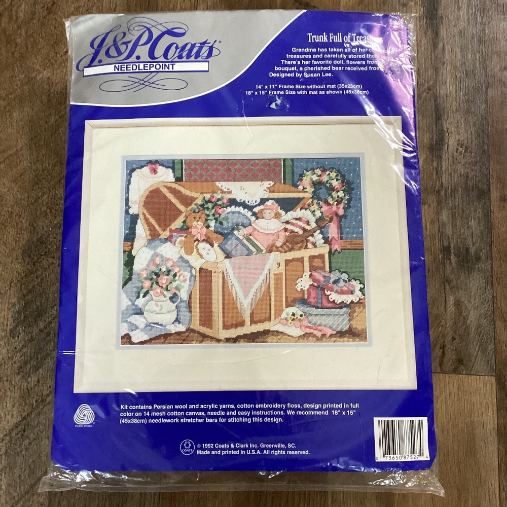 Vintage NEW Needlepoint J&P Coats Trunk Full of Treasures Doll Bear Flowers 1992